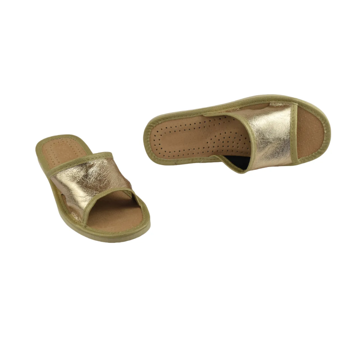 Pantofle damskie domowe, wygodne złote ciapcie po domu