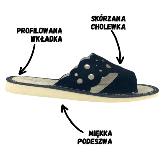 Skórzane pantofle damskie, czarne kapcie domowe