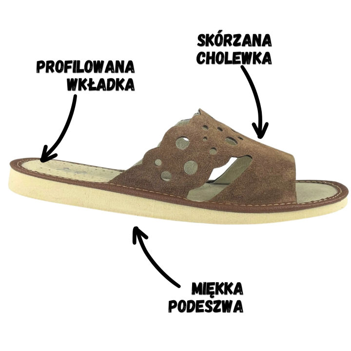 Skórzane pantofle damskie, brązowe kapcie domowe