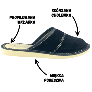 Czarne pantofle damskie, skórkowe laczki domowe, obuwie domowe damskie