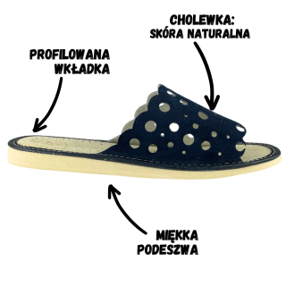 Ciemne pantofle domowe, skórzane laczki domowe damskie
