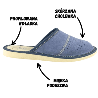 Granatowe pantofle skórzane damskie, zamszowe kapcie domowe